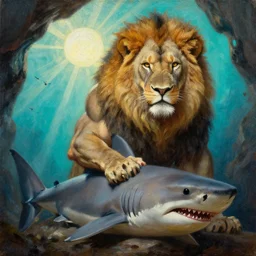 close up of muscular lion barbarian shark hunter full body in portrait pose, sun rays , small bird sihouettes  in cyan background , very textured detailed  oil painting by rembrandt , hard backlight , in dark cave