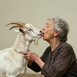 a surrealist image of an old woman swallowing a whole goat in one gulp