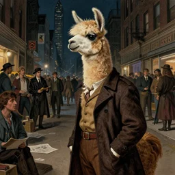 a personified anthro llama ( with llama face ) wearing a 1 9 4 0's noire detective outfit, standing in the streets of chicago at night looking at a crime scene, d & d, fantasy, intricate, artstation, sharp focus, illustration, gustave dore, caravaggio,