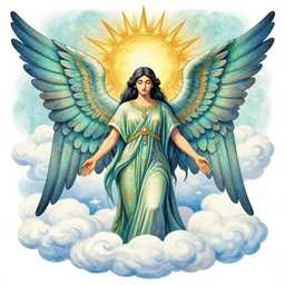 an angel, long black hair, ancient persian, wings, clouds, sun, extremely detailed, symmetrical, stippling, turquoise and gold and green and blue color scheme