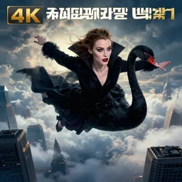 hyperrealistic portrait of amber heard as a vampire witch in a black coat flying a dark swan above the heavenly clouds among the tips of skyscrapers. by jeremy mann and alphonse mucha, fantasy art, photo realistic, dynamic lighting, artstation, poster, volumetric lighting, very detailed faces, 4 k, award winning