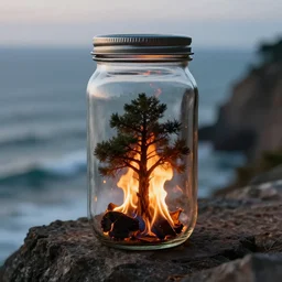 glass jar with a tree burning inside, standing on a cliff, bokeh, ocean in the background, metal lid, dramatic lighting, hyperrealistic, highly detailed, sharp focus