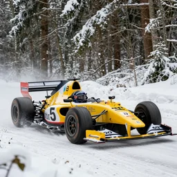 a 1 9 9 7 mclaren f 1 gt, racing through a rally stage in a snowy forest