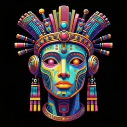 hyperdetailed trippy portrait of a spaced out steampunk aztec futurism robot head, 8 k, symetrical, flourescent colors, halluzinogenic, meditative, multicolored vector art, black background