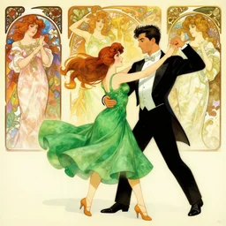 young woman in green dress dancing with tuxedo man, colorfull, excelent composition, wide shot, by yoshitaka amano, by ellen jewett, by greg rutkowski, by alphonse mucha by jeremyg lipkinng, by rhads, by ross tran, artstation, octane render