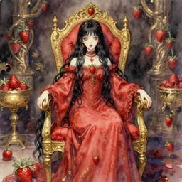 priestess of chairs and strawberries. watercolor and gold leaf by award - winning mangaka, gothic horror, romanticism, intricate details, depth of field