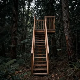 one small and short wooden staircase in the middle, dark forest, overcast, Carl Gustav Carus, Filip Hodas, featured in artstation, octane render, cinematic, elegant, intricate, 8k