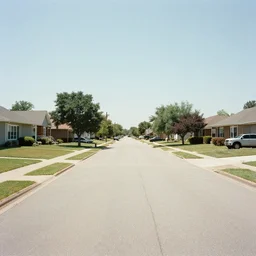 Photograph of a liminal middle class American suburb, clean, empty street, broad daylight, glitches in reality, flat lighting