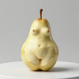 a sculpture of a bitten pear in the shape of a woman's body, on a white table, in the style of dominique rayou, 3 d render