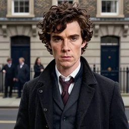 bbc sherlock holmes with face of katie holmes, long hair on head, long shot, baker street 2 2 1 b at background, still from sherlock bbc movie, intricate, cinematic lighting, smooth, sharp focus, award winning portrait studio lighting by jessica rossier and brian froud and gaston bussiere