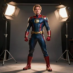 Jean-Luc Mélenchon cospalying as a Marvel superhero, studio lighting