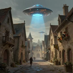 ufo's invading a medieval town, view from the street, concept art