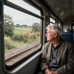 a high quality colour photograph of an old man sat in a railway train, looking wistfully out of the window at the english countryside speeding past, his face bathed in sunlight, candid photo, street photography, photojournalism, 8 k, high resolution, beautiful composition, epic lighting