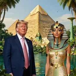 donald and melania trump as egyptian pharaoh and queen, elegant, majestic, powerful, pyramids, anunaki, hieroglyphs, lush, rainforest, river, green, river god, wilbur smith, gold, trump tower