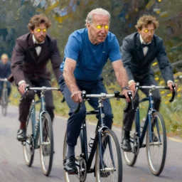 joe biden riding a bicycle, joe biden riding a bicycle, ilya kuvshinov, john singer sargent, digital art illustration, impressionist oil painting, trending on artstation, intricate, glowing yellow eyes