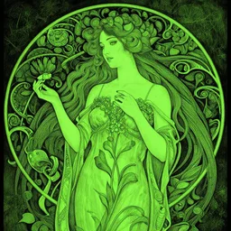 woman, magical, flower, bright castleton green, detailed intricate ink illustration, dark atmosphere, by Peter Mohrbacher, by Alfons Mucha, complementing colors