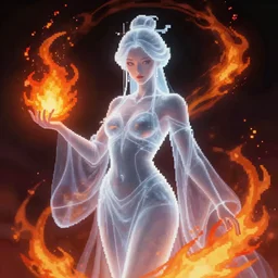 pixel art of a female japanese fire elemental, ghostly form, transparent, d & d, highly detailed pixel art, digital painting, artstation, concept art, sharp focus, illustration, cinematic lighting, art by artgerm and greg rutkowski and alphonse mucha