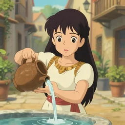 an anime waifu in a greek attire pouring water out of a vase into a fountain, spanish ghibli alleyway, symmetrical face, symmetrical eyes, detailed and defined eyes,