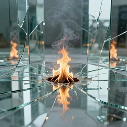 broken glass in a hall of mirrors small fire in center, smoke, puddles of water, dripping water with reflections, trending on artstation. sparkles, shine glimmer, glowing outlines,, unreal engine octane, trending on deviantart