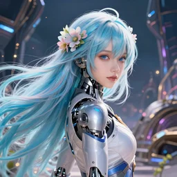 beautiful portrait of a sci woman with mecha implants with floral blue pastel flowy long hair facing the camera in the style of a code vein character, tzuyu from twice in code vein in the style of wlop, artgerm, yasutomo oka, yuumei, rendered in unreal engine and redshift octane, background is surrounded by epic sci fi landscape by simon stalenhag, digital art dynamic dramatic lighting, soft lighting, imagine fx, artstation, cgsociety, by bandai namco artist,