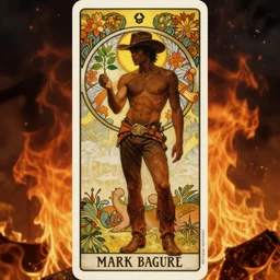 a dramatic ethereal epic painting of a handsome cowboy offering a small plant | background is a fire flames conflagration | he is dark-skinned, shirtless and wearing a hat and boots | tarot card, art deco, art nouveau, homoerotic | by Mark Maggiori and Alphonse Mucha | trending on artstation