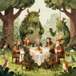 elves having a party with tree monsters and some critters by brian froud, highly detailed, intricate, fantasy, concept art, sharp focus, smooth, lighting by greg rutkowski, rich vivid color scheme