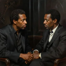 john coltrane meeting mingus in a dark corner, intricate, elegant, highly detailed, digital painting, artstation, concept art, smooth, sharp focus, illustration, art by wlop, mars ravelo and greg rutkowski