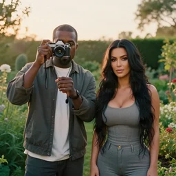 Kanye West and Kim Kardashian in the middle of a garden, vintage camera, dreamy, atmospheric, golden hour, cinematic lighting, 8K concept art