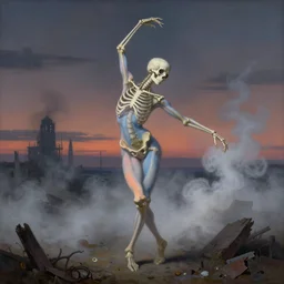 a slender skeleton with gnarled limbs,with very soft blue and orange pastel colors, dances on an apocalyptic landscape in the light of twilight with steam, smoke and fog,painting by Beksiński, darkart, hyperdetailed, 4k, very beautiful