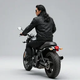 backview of a lone male biker, jet black tuffle coat, motorbike, aviator shades, long wild black curly hair, beard, black jeans, riding on the road, tech fantasy, digital illustration, artstation