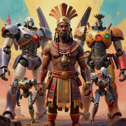 stylish 3 d vfx - drew struzan movie poster - art of an african tribal chief surrounded by mecha robots, art style by james jean & hsiao - ron cheng, unreal engine render, digital illustration, sharp, intricate detail, volumetric lighting, ray tracing, soft light, colourful, claymation style, ernie barnes style, symmetry, acrylic on canvas, pinterest, artstation