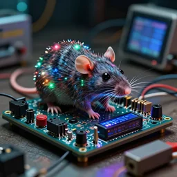 a old photograph of a biohacked rat with leds, a lot of button potenciometers cables and wires, display, arduino, diy, biohacking, ultra detailed, ultra realistic, japanese horror movie footage, 8 k, chromatic aberration, dof