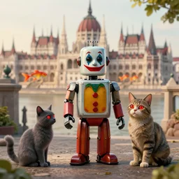 portrait of a tin toy robot joker and a cat with glowing red eyes sightseeing in budapest, nicoletta ceccoli, mark ryden, lostfish, max fleischer, depth of field, detailed and intricate environment, 8 k resolution, hyperrealistic, octane render