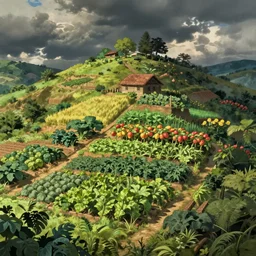 Farm on the hillside containing various crops and fruits, landscape, very detailed, art by Studio Ghibli