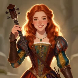 fantasy portrait of a happy young women looking like Ellie kemper with red hair and freckles, slight smile, renaissance colorful dress, leather armor, music instrument in hand, backlit, made by Karol Bak, Artstation, 2d digital art sfw