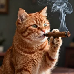 a red tabby cat smoking a big cigar, realistic cartoon