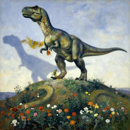 robosaurus statue colossus flower garden on hills by henri rousseau masterpiece shadows and highlights mucha beksinski