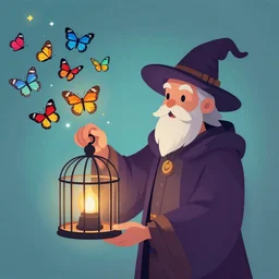wizard holding a cage, with a swarm of butterflies fluttering out, digital 2d fantasy art