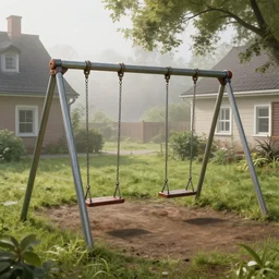 old playground swings set in the yard near the house, summer morning, misty background, from the game pathologic 2, highly detailed, sharp focus, matte painting, by isaac levitan and asher brown durand,