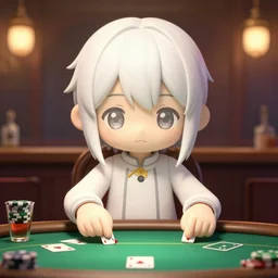 anime character playing poker and drinking in a cozy bar, volumetric lighting, hyper real, symmetric face, pencil art, moody lighting, cute, comfy