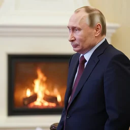 portrait vladimir putin looking into a log fire smirking reflections lighting