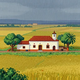 pixel art, grid, mexican hacienda on a rainy day, surrounded by plains, color painting by charles sheeler