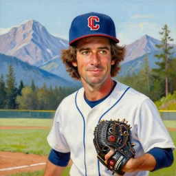 a closeup photorealistic photograph of bob ross style kenny powers baseball, painting on canvas. mountains and trees. film still. brightly lit scene. this 4 k hd image is trending on artstation, featured on behance, well - rendered, extra crisp, features intricate detail, epic composition and the style of unreal engine.
