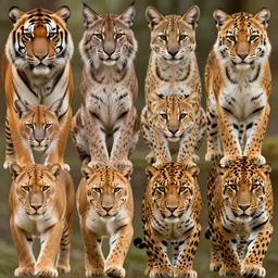 multiple, side by side, portrait of different felidae, tiger, lynx, serval, cougar, ocelot, caracal, puma, leopard, panther, jaguar, highly detailed, digital art
