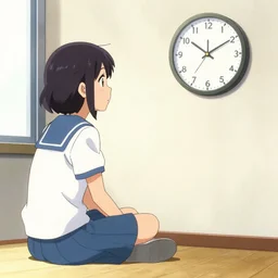 anime drawing, a student sitting looking at the clock on the wall