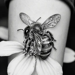 black and white bee tattoo with a bee sitting on top of a flower petal, ultra detailed, fine lines, 4 k