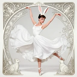 audrey hepburn as a bunny, intricate, elegant, magical, powerful, dancing, art nouveau, baroque style, white dress, angelic, enchanted, art by art by artgerm and greg rutkowski and ruan jia and peter polach