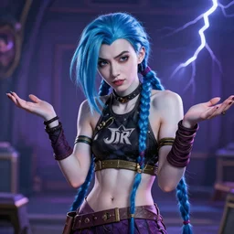 jinx league of legends shrugging realistic, cinematic lightning,
