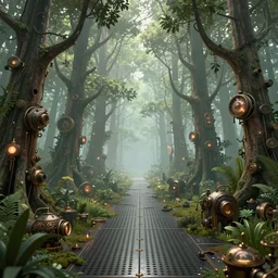 Steampunk Forest, Fog, raytracing, metal floor, 4k, trending on pixiv, Trees and plants are made out of Steampunk Machines