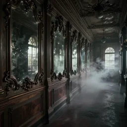 a long hallway of mirrors. victorian interior, with many mirrors, elegant design, haunting atmosphere, dark lighting, gothic, horror style, scary, swirling fog, volumetric lighting, by greg rutkowski, realistic, dutch angle,